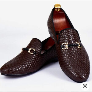 Harpelunde Men Handmade Dress Shoes Buckle Strap Woven Leather Loafers 8.5